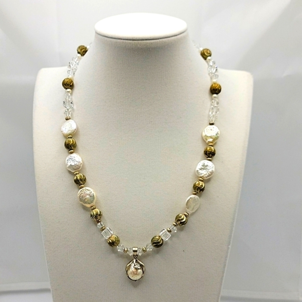 VTG 16" Coin Baroque Pearl .925 Silver With Brilliant Cut Cube Crystal Necklace
